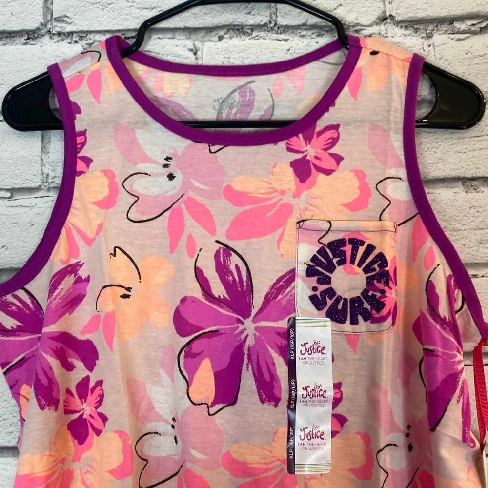 2 Justice Girls Pink Purple Blue Floral Sleeveless Shirt Tank Top XLP (16/18)